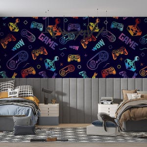 Neon Gaming Controller Wall Mural – Teen Gamer Room Decor, Peel And Stick Wallpaper