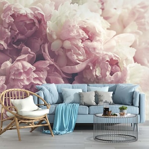 Romantic Blush Peony Wall Mural – Elegant floral wall décor for bedrooms and living rooms, peel-and-stick wallpaper.