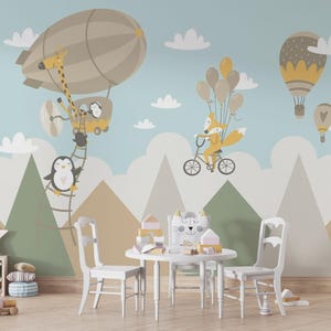 Cartoon animals flying wall mural | Hot air balloon wall decor for kid's room and nursery, removable self-adhesive wallpaper