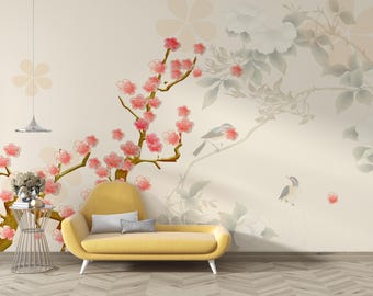 Serene Cherry Blossom Wall Mural | Floral Wallpaper, Japandi Peel and Stick Wall Decor