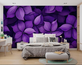 Deep Purple Floral Wall Mural: Botanical Peel and Stick Wallpaper