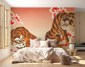 Japanese Tiger Wall Mural | Vintage Asian Style Wallpaper, Custom Peel and Stick Chinoiserie Art