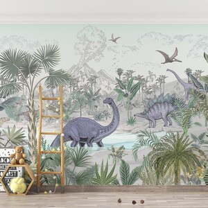 Jungle Dinosaur Wall Mural | Tropical wall decor for kid&#39;s room and nursery, custom removable wallpaper