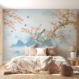 Chinoiserie Cherry Blossom Wall Mural: Elegant Asian Decor - Etsy
