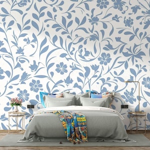 Blue Floral Wall Mural | Flower pattern wall decor for bedroom and living room, self-adhesive peel and stick wallpaper
