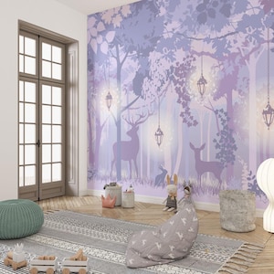 Purple Forest Wall Mural – Mystical Woodland Scene with Glowing Lanterns | Kids room and nursery wall decor | Peel and Stick Wallpaper
