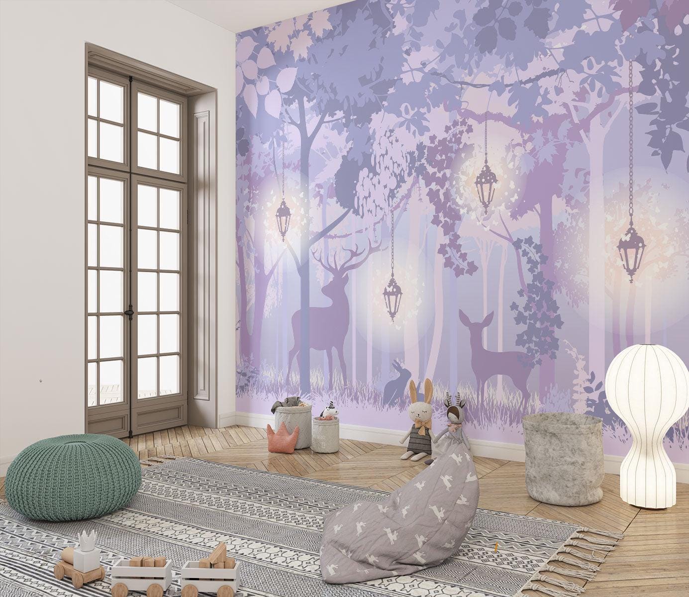 Purple Forest Wall Mural: Mystical woodland wall decor for kid's room and nursery, custom peel and stick wallpaper