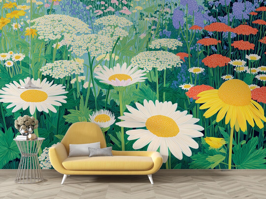 Daisy Wildflower Garden Wall Mural – Botanical Wallpaper, Peel and ...