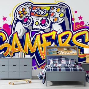 Gamers Graffiti Wall Mural: Game Room Decor, Peel and Stick Wallpaper