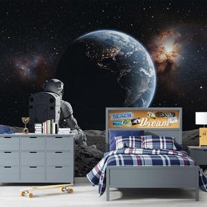 Astronaut On The Moon Wall Mural - Space wall decor for kid&#39;s bedroom or playroom, self adhesive peel and stick wallpaper