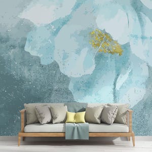 Blue Floral Watercolor Wall Mural: Elegant Botanical Peel & Stick