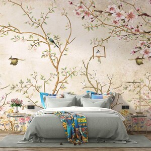 Chinoiserie Bird and Blossom Wall Mural – Vintage floral wall decor for bedroom and living room, removable peel and stick wallpaper