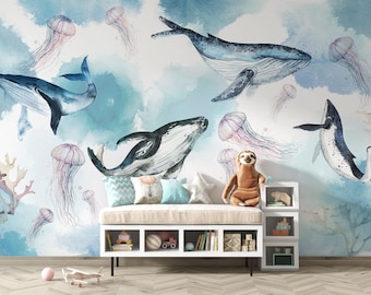 Watercolor Whale Wall Mural – Ocean Nursery Decor, Removable Wallpaper