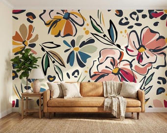 Floral Shapes Wall Mural - Peel and Stick Wallpaper, Abstract Flower Room Decor