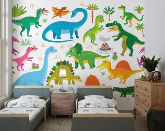 Colourful Cartoon Dinosaur Wall Mural | Removable Self Adhesive Wallpaper for Kids' Rooms and Nurseries