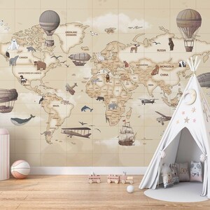 Abenteuer Weltkarte Wandbild | Vintage Heißluftballon-Wanddekoration für Kinderzimmer, abnehmbare Tapete zum Abziehen und Aufkleben