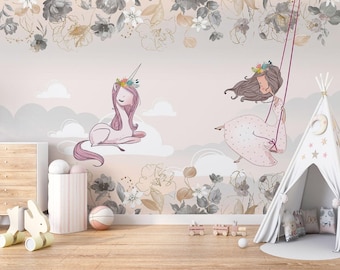 Unicorn Nursery Wall Mural: Girls Room Wall Decor, Custom Peel and Stick Wallpaper