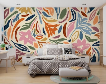 Boho Botanical Wallpaper Mural | Abstract Floral Peel and Stick Wall Decor