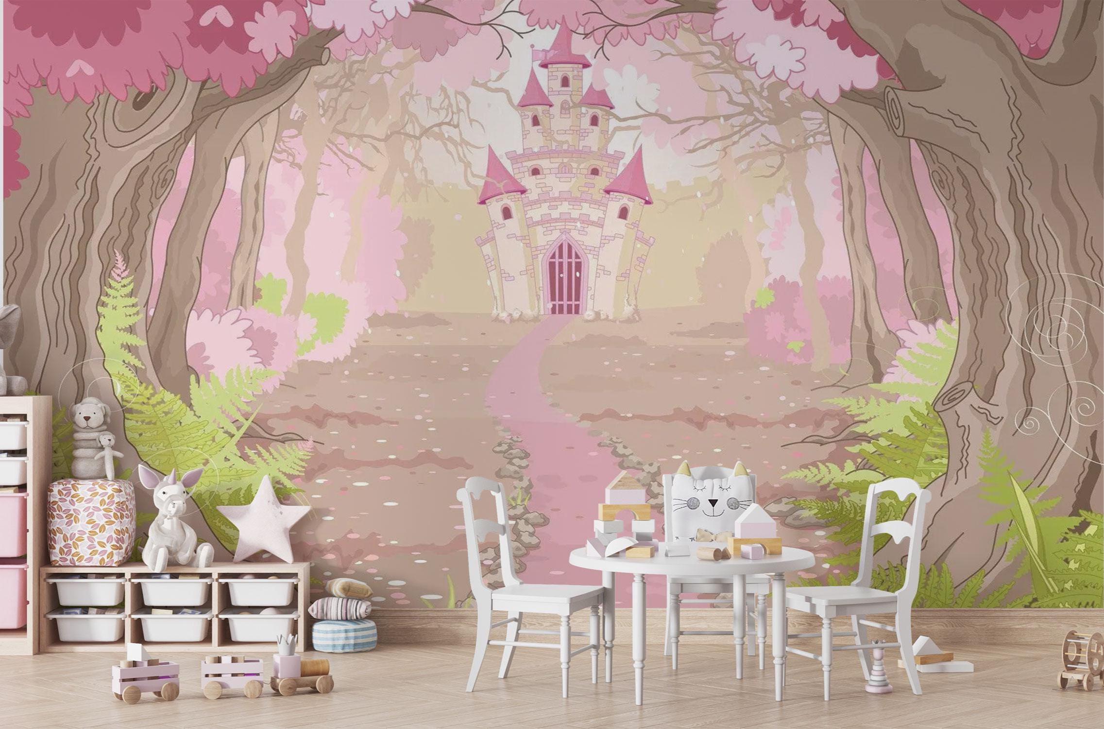 Pink Castle Forest Wall Mural - Kids Nursery Decor, Removable Wallpaper ...