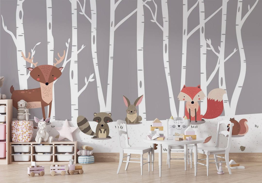 Forest Friends Peel and Stick Wall Mural | Woodland Nursery Wallpaper ...