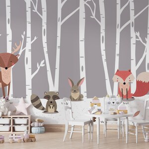Papier peint Amis de la forêt | Papier peint boisé enchanté pour chambre d'enfant ou chambre d'enfant, décoration murale autocollante