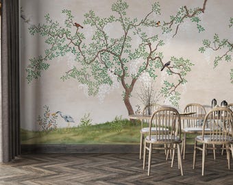 Japanese Garden Wall Mural: Chinoiserie Floral Wallpaper