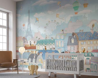 Paris Skyline Wall Mural: Whimsical Kids Wall Decor, Custom peel and stick wallpaper