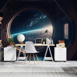 Spaceship Window Wallpaper Mural: Sci-Fi Kids Room Decor (Peel and Stick)