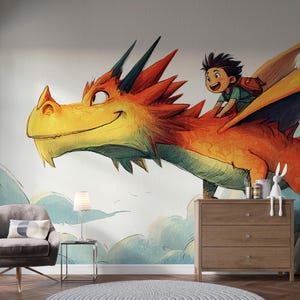 Dragon Adventure Wall Mural – Whimsical Kids Wallpaper with Boy Riding Dragon in Clouds for Nursery, Playroom, or Bedroom Décor