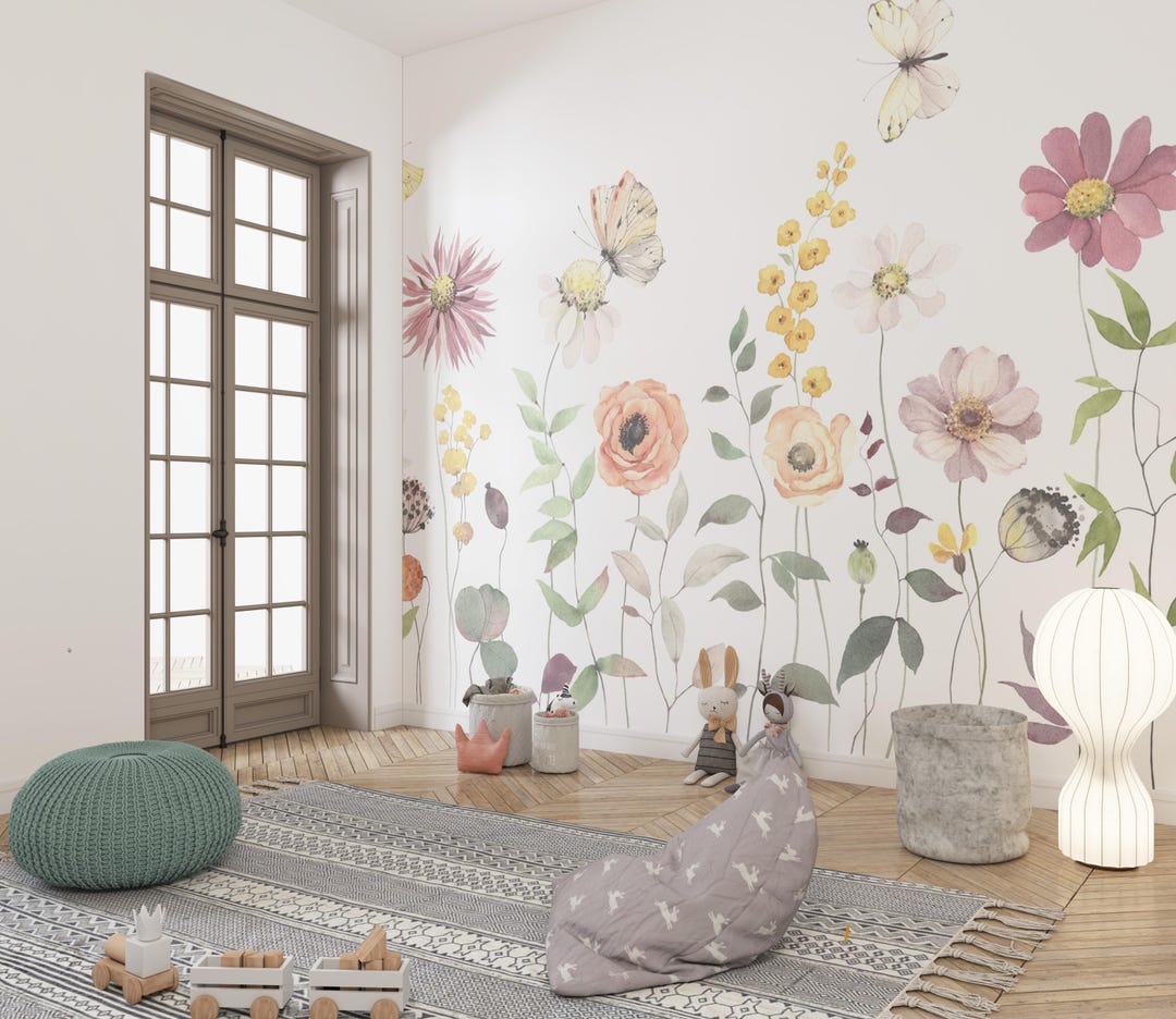 Spring Floral Wallpaper Mural | Wildflowers With Butterflies, Peel and ...