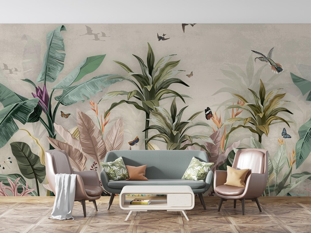 Vintage Tropical Wallpaper Mural | Peel and Stick Botanical Wall Decor ...