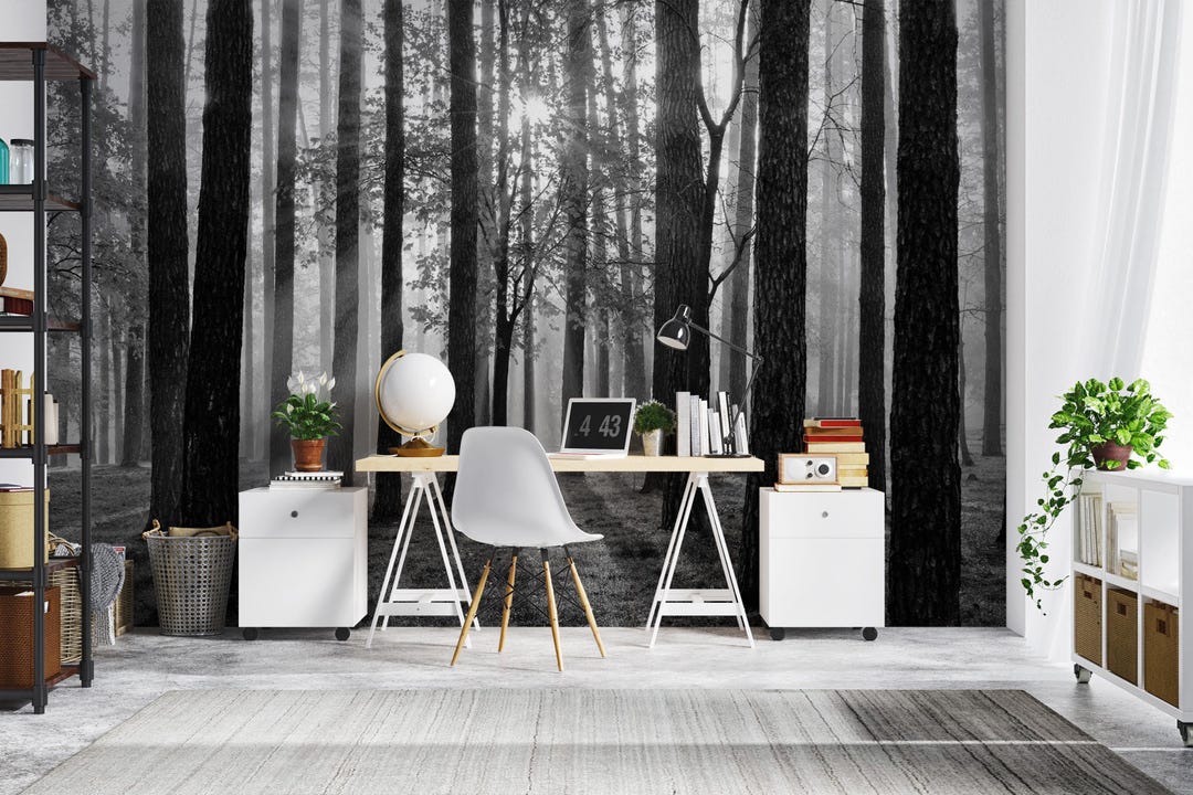 Black and White Forest Sunrise Wall Mural: Peel and Stick Wallpaper - Etsy