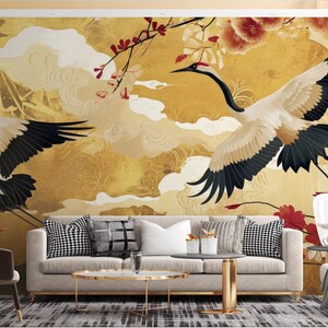 Crane Birds Wall Mural | Gold wall decor for bedroom and living room, removable self-adhesive wallpaper