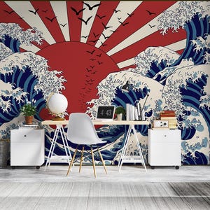Japanese Wave Wall Mural | Sea wall decor for bedroom, living room or home office; removable peel and stick wallpaper