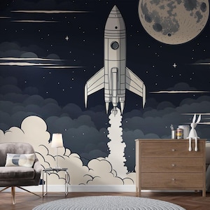 Cartoon Spaceship Wall Mural | Kid&#39;s room wall decor, self-adhesive, peel-and-stick wallpaper