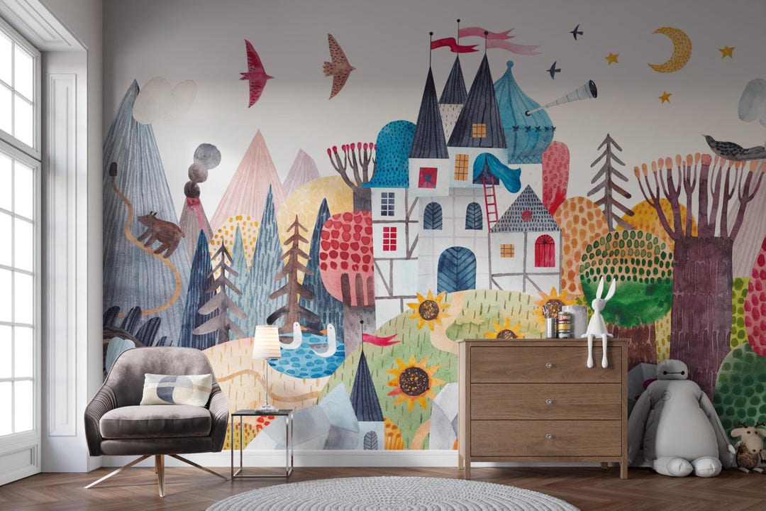 Fairytale Castle Wall Mural: Watercolor Kids' Wall Decor, Custom Peel ...