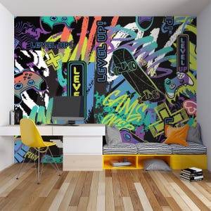 Neon Gamer Wall Mural – Street Art Gaming Wallpaper with Controllers & “Level Up” for Teen Bedroom or Game Room