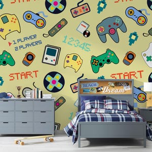 Retro Gamer Wall Mural – Video Game Wallpaper with Controllers & Consoles for Kids Bedroom, Playroom, or Gaming Room Accent Wall