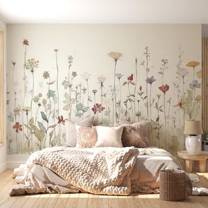Aquarell Wildblumen Wandbild | Florale Wanddekoration für Schlaf- und Wohnzimmer, ablösbare Tapete