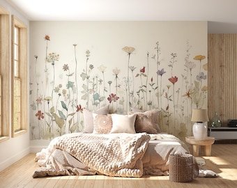 Watercolour Wildflowers Wall Mural | Floral bedroom and living room wall decor, removable peel-and-stick wallpaper