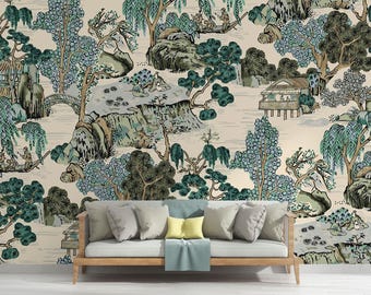 Chinoiserie Landscape Wall Mural: Asian-Inspired Botanical Wallpaper, Peel And Stick Decor