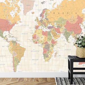 Papier peint carte du monde jaune clair et orange | Papier peint autocollant