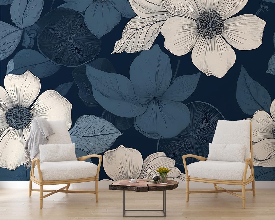 Blue and White Floral Wall Mural | Living Room Flower Wall Decor | Self ...