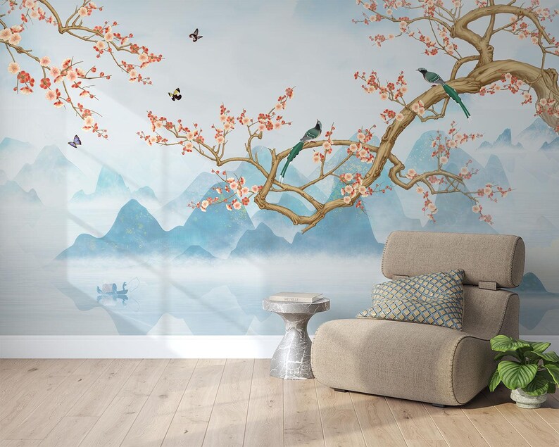 Chinoiserie Cherry Blossom Wall Mural: Elegant Asian Decor - Etsy