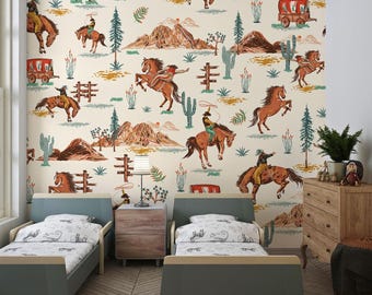 Wild West Cowboy Wall Mural: Vintage Western Wall Decor, Custom Peel and Stick Wallpaper