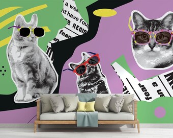 Fototapeta „Koty” – Odjazdowe koty w stylu pop-art, okulary przeciwsłoneczne, figury geometryczne (samoprzylepna)