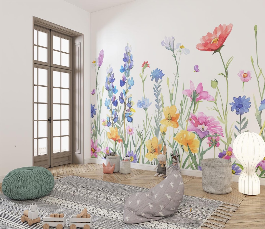 Hand Painted Wildflower Mural - Kids Nursery Peel and Stick Wallpaper ...