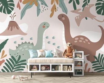 Whimsical Dinosaur Wall Mural: Kid's room wall decor, custom peel and stick wallpaper