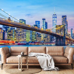 ニューヨーク市ブルックリン橋の壁画 – 象徴的なスカイラインの眺め | 剥がして貼る壁紙