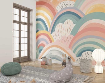 May include: A colorful rainbow wall mural with a whimsical design featuring pastel pink, blue, and yellow hues. The mural is perfect for a child's bedroom or playroom.
